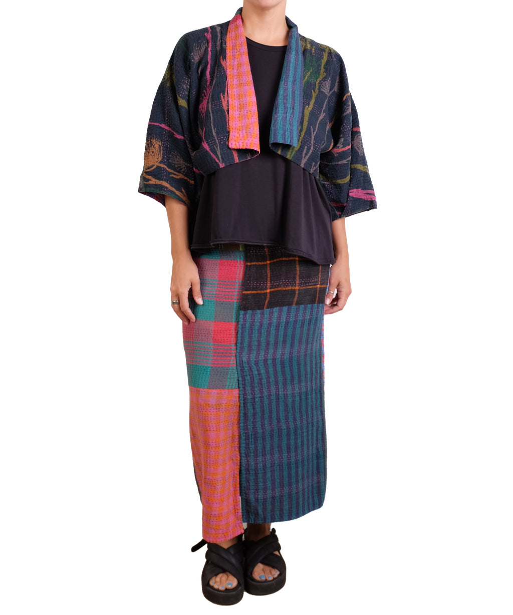Mieko Mintz Flower Print With Checkered Patch Puff Sleeve Shrug
