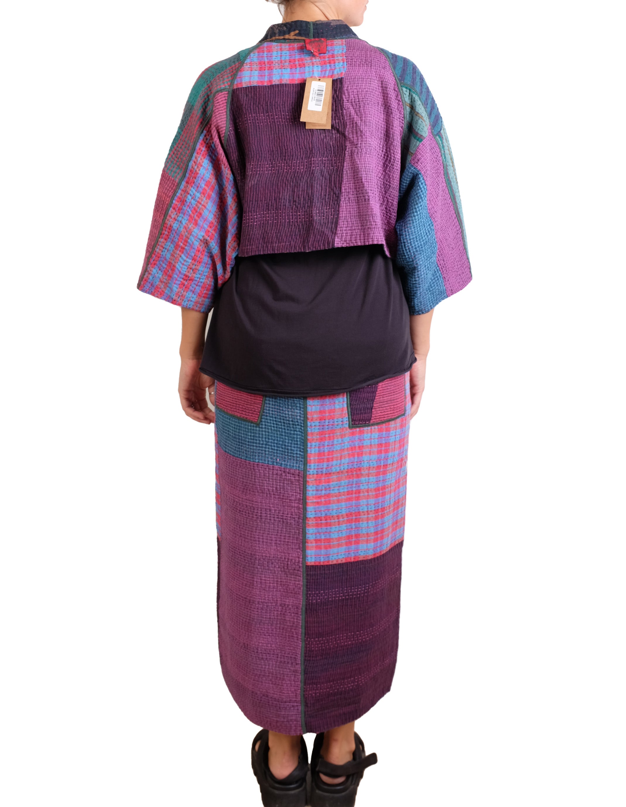 Mieko Mintz Flower Print With Checkered Patch Puff Sleeve Shrug