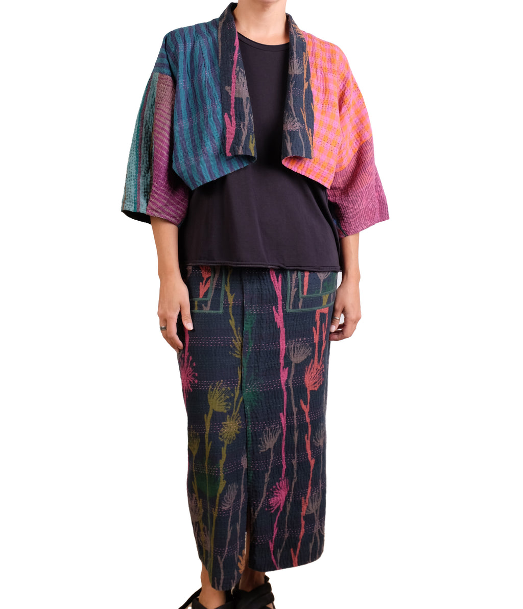 Mieko Mintz Flower Print With Checkered Patch Puff Sleeve Shrug