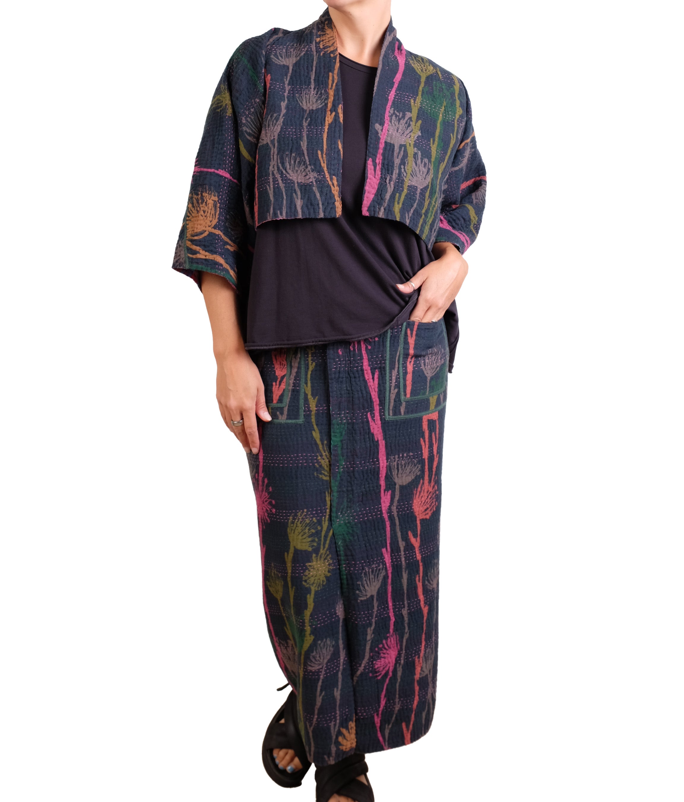 Mieko Mintz Flower Print With Checkered Patch Front Vent Pencil Skirt