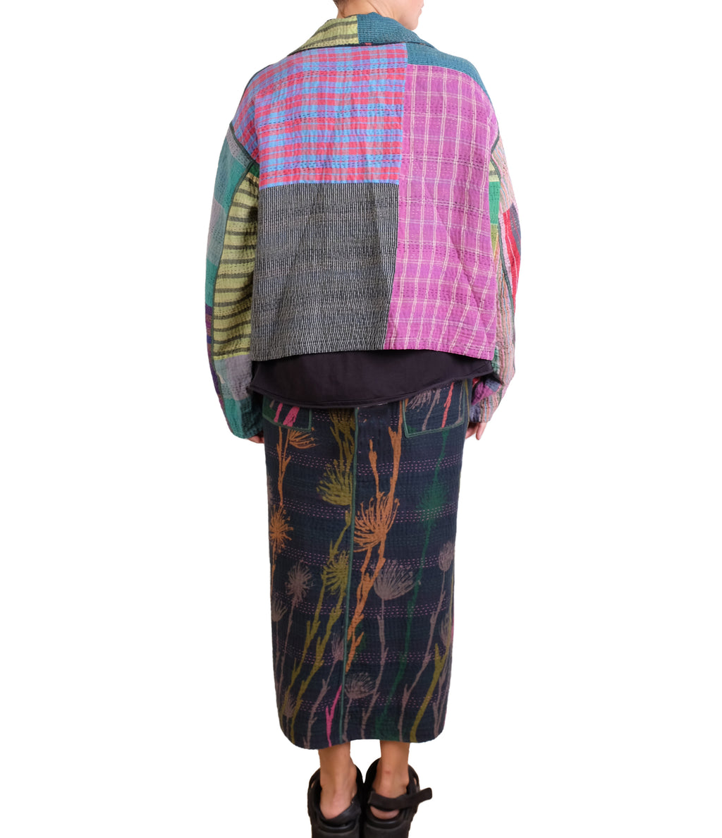 Mieko Mintz Flower Print With Checkered Patch Front Vent Pencil Skirt