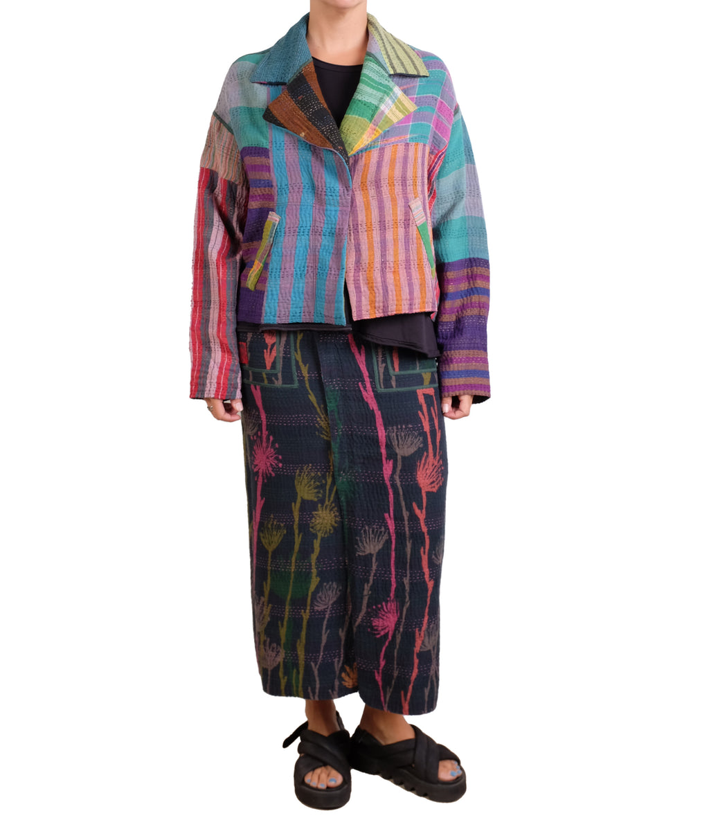 Mieko Mintz Flower Print With Checkered Patch New Lapeled Single Short Jacket