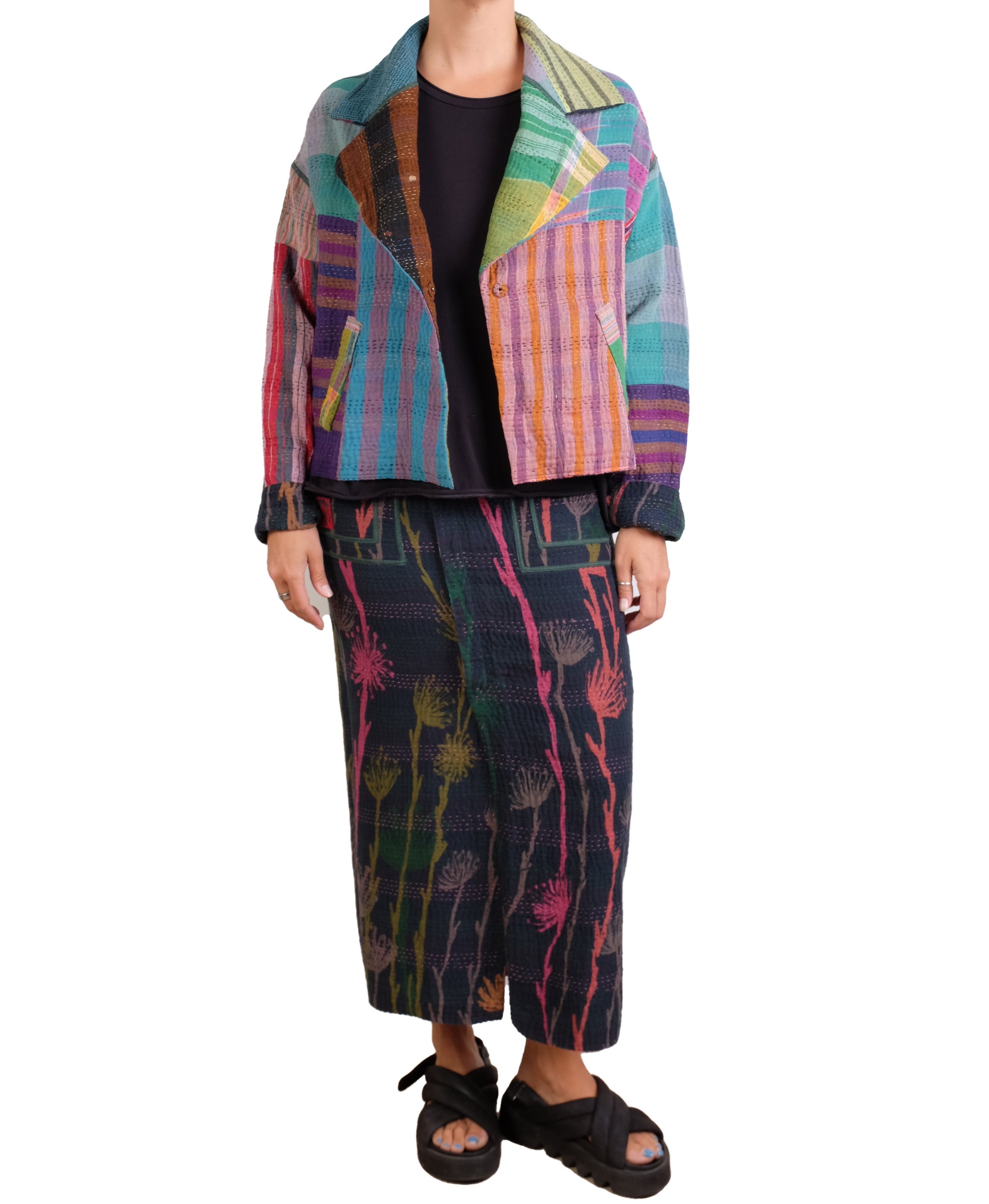 Mieko Mintz Flower Print With Checkered Patch New Lapeled Single Short Jacket