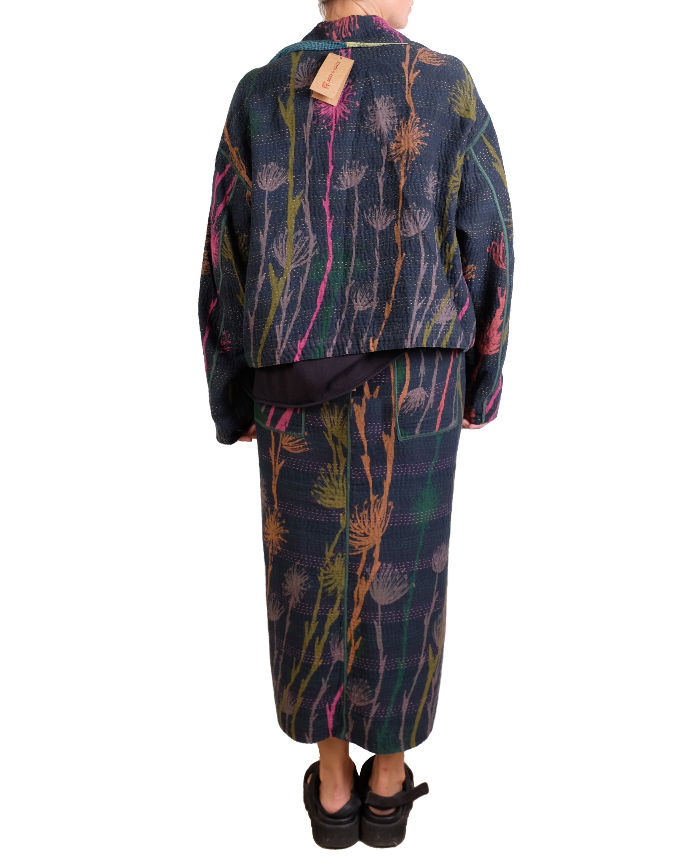 Mieko Mintz Flower Print With Checkered Patch New Lapeled Single Short Jacket