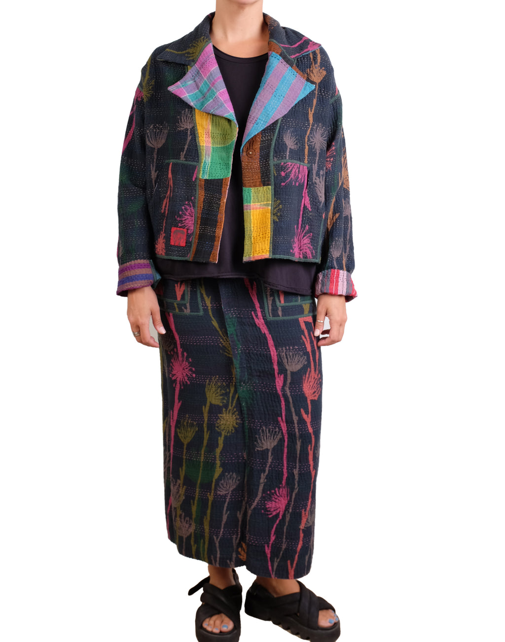 Mieko Mintz Flower Print With Checkered Patch New Lapeled Single Short Jacket