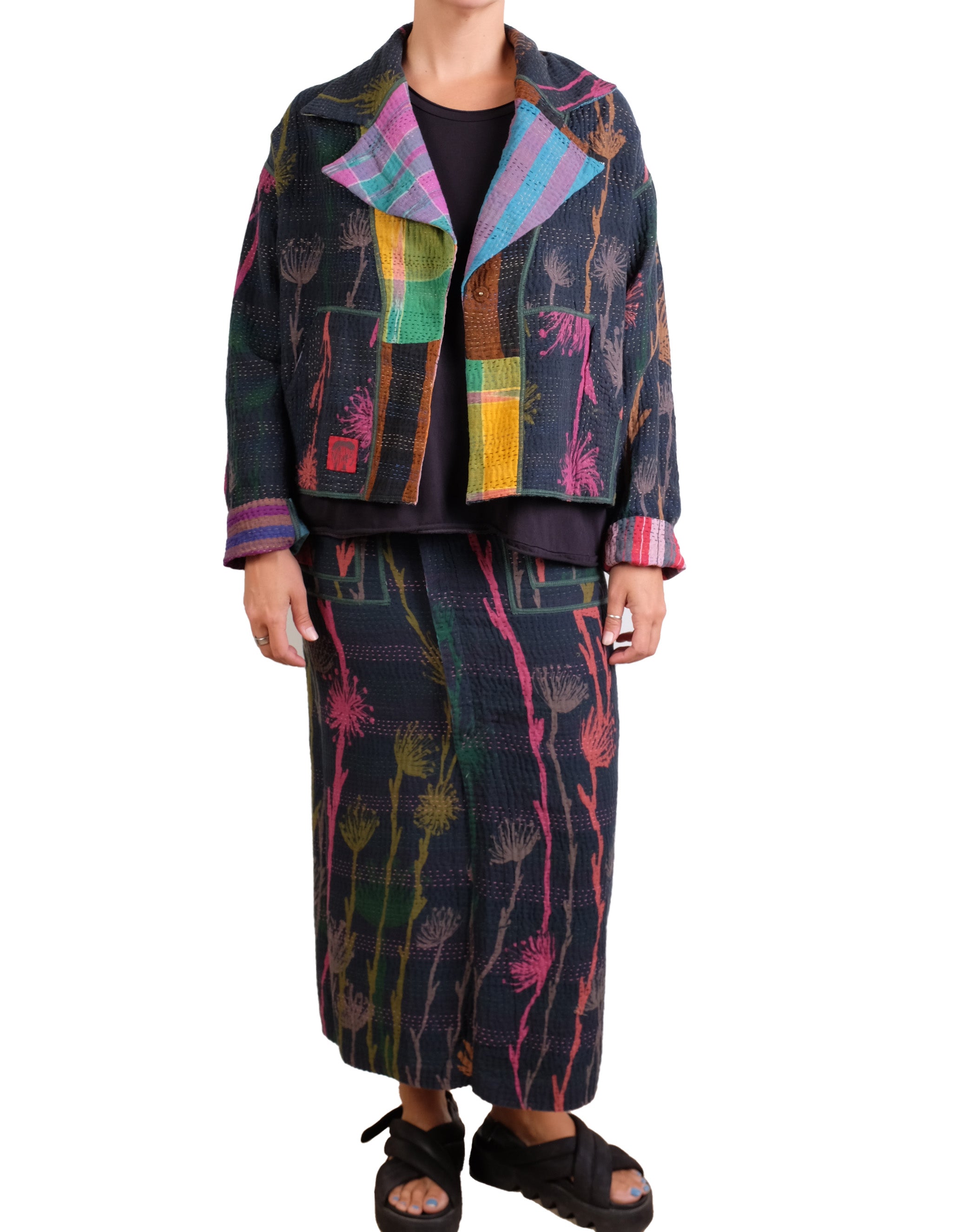 Mieko Mintz Flower Print With Checkered Patch New Lapeled Single Short Jacket