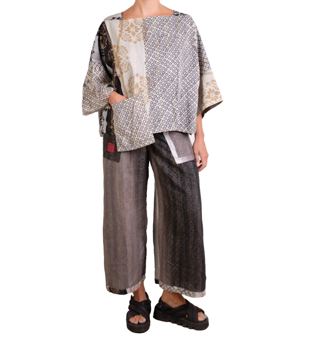 Mieko Mintz Kimono Cotton Kantha 3/4 Sleeve Crop Top