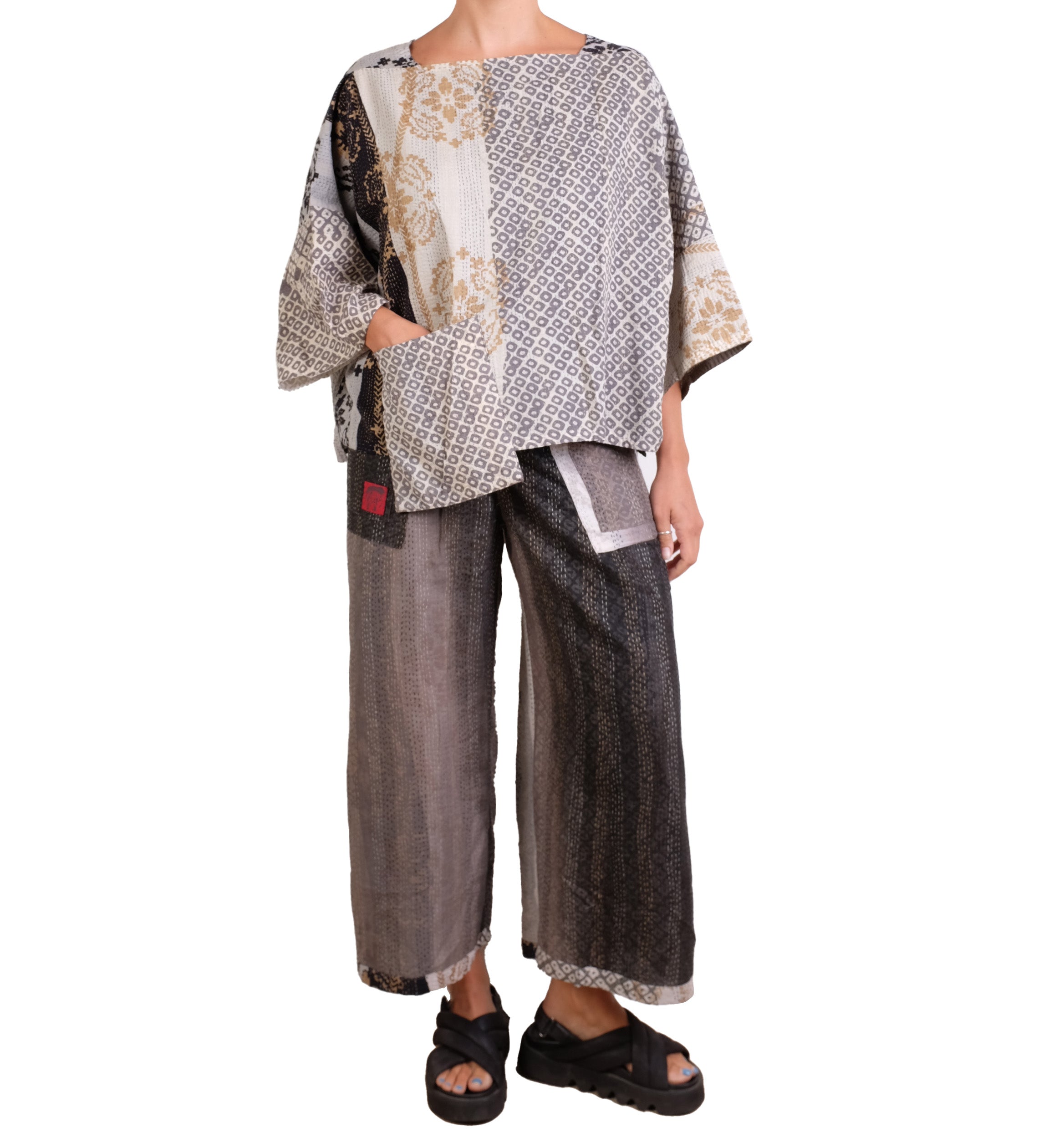 Mieko Mintz Kimono Cotton Kantha 3/4 Sleeve Crop Top