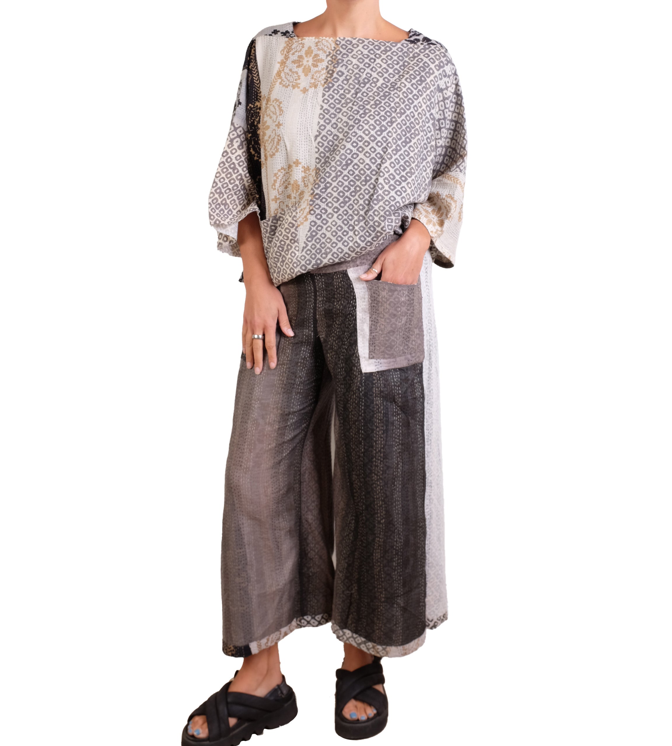 Mieko Mintz Kimono Cotton Kantha Mid Rise Wide Leg Pants