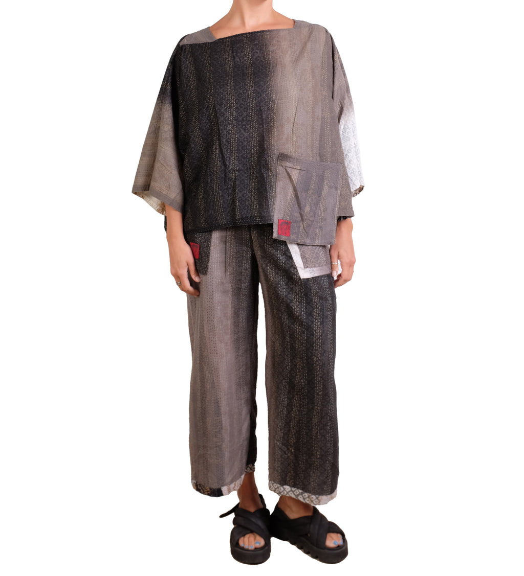 Mieko Mintz Kimono Cotton Kantha Mid Rise Wide Leg Pants