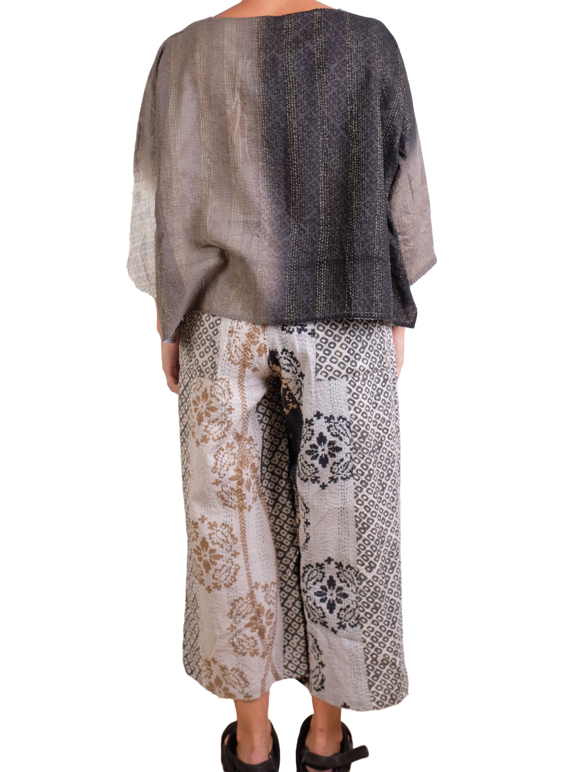 Mieko Mintz Kimono Cotton Kantha 3/4 Sleeve Crop Top