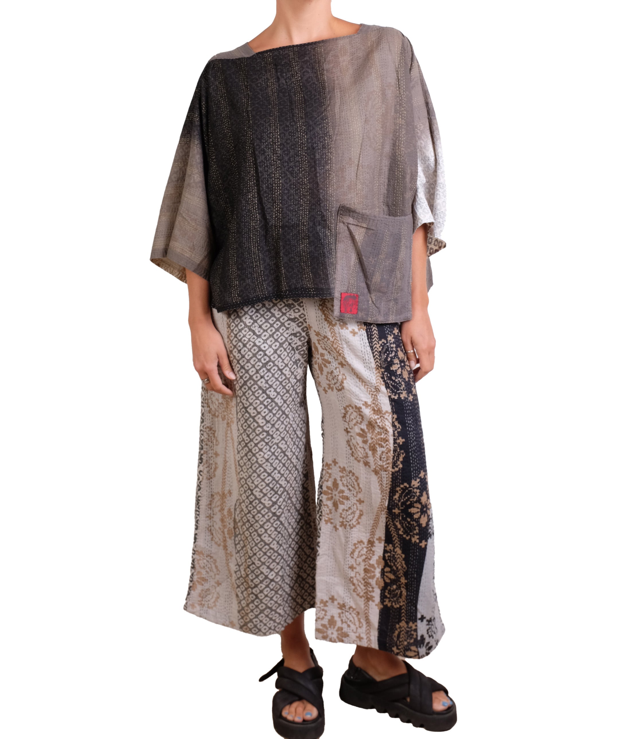 Mieko Mintz Kimono Cotton Kantha 3/4 Sleeve Crop Top