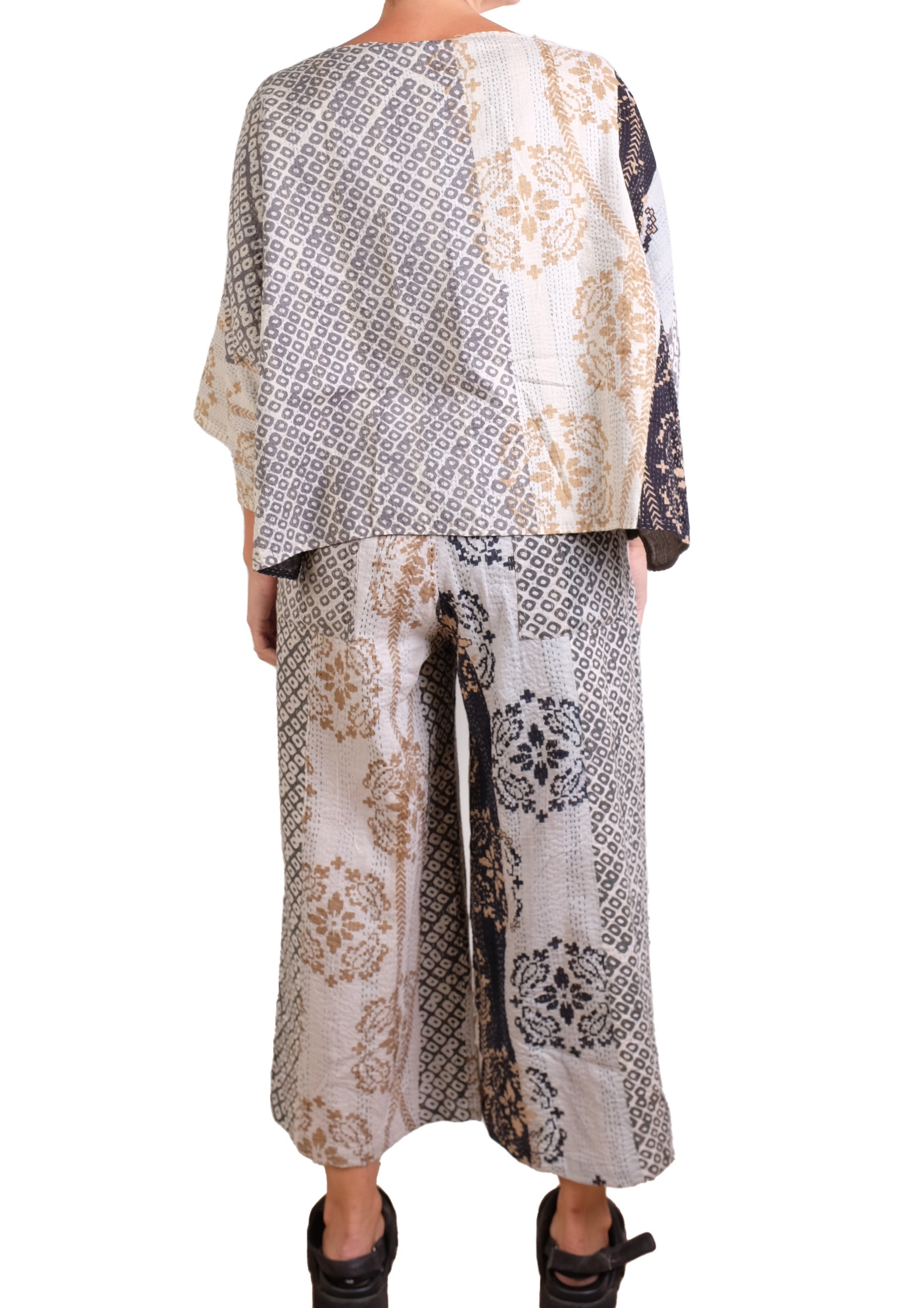 Mieko Mintz Kimono Cotton Kantha 3/4 Sleeve Crop Top