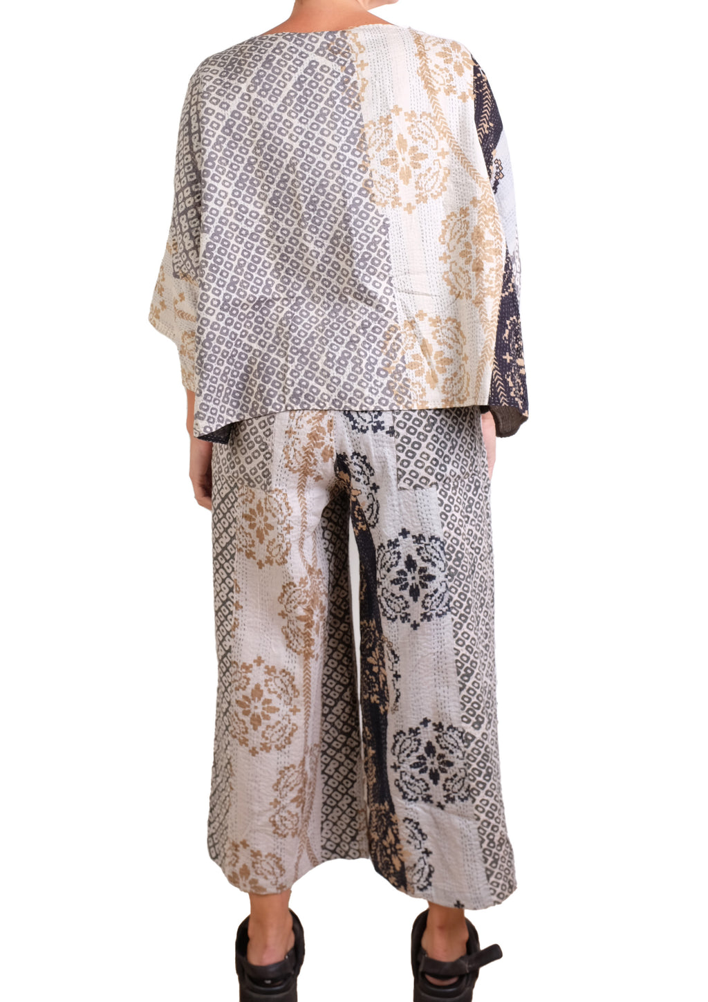 Mieko Mintz Kimono Cotton Kantha Mid Rise Wide Leg Pants