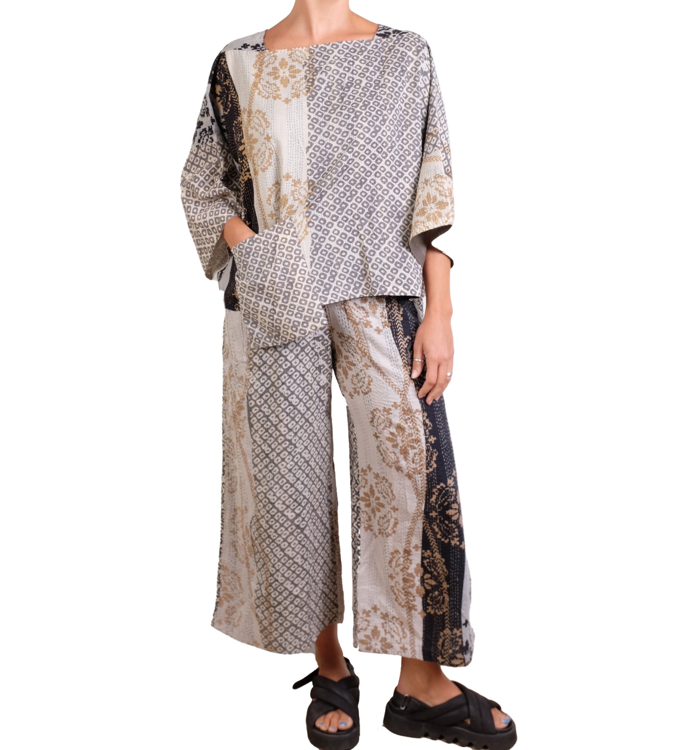Mieko Mintz Kimono Cotton Kantha 3/4 Sleeve Crop Top