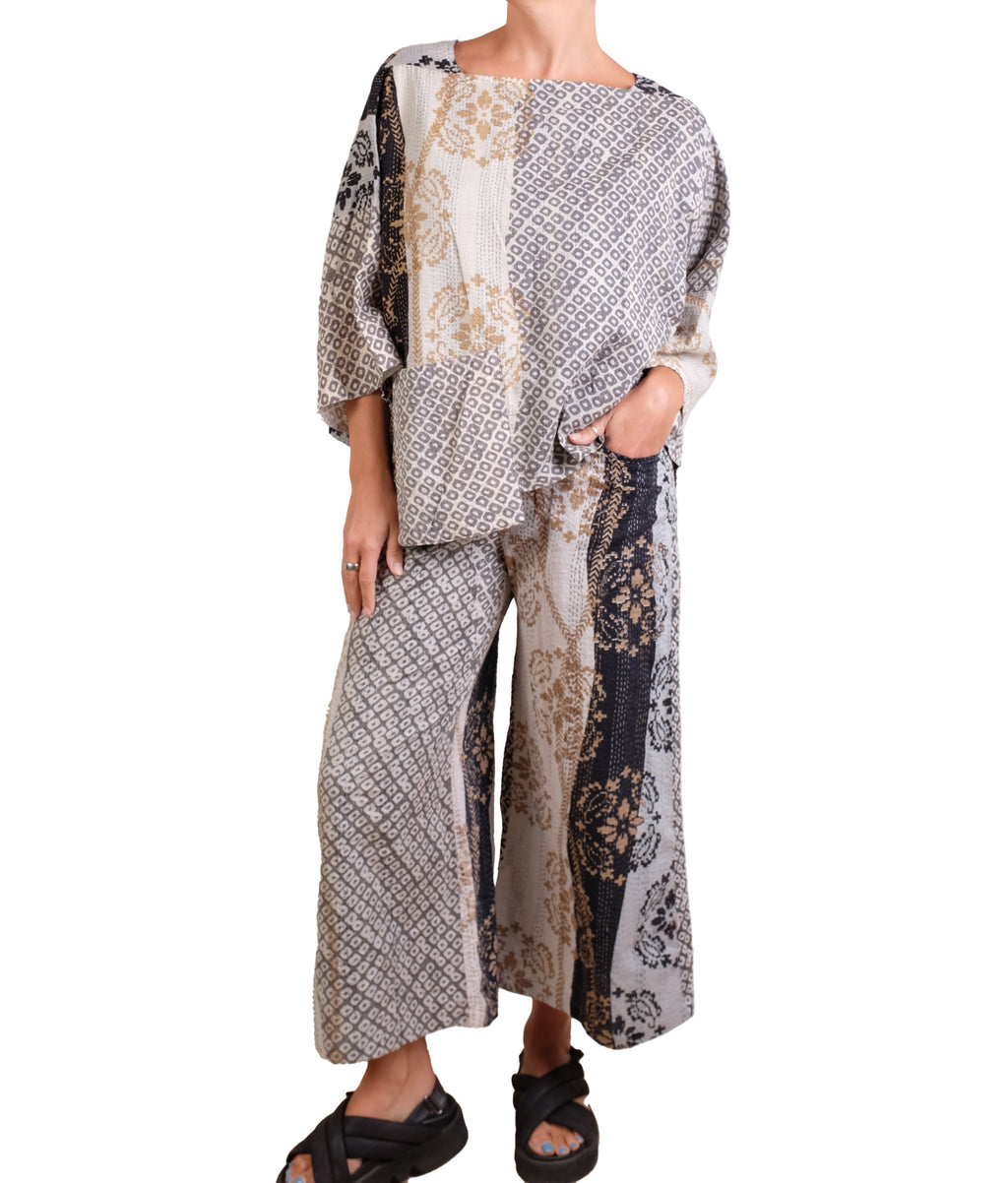 Mieko Mintz Kimono Cotton Kantha 3/4 Sleeve Crop Top
