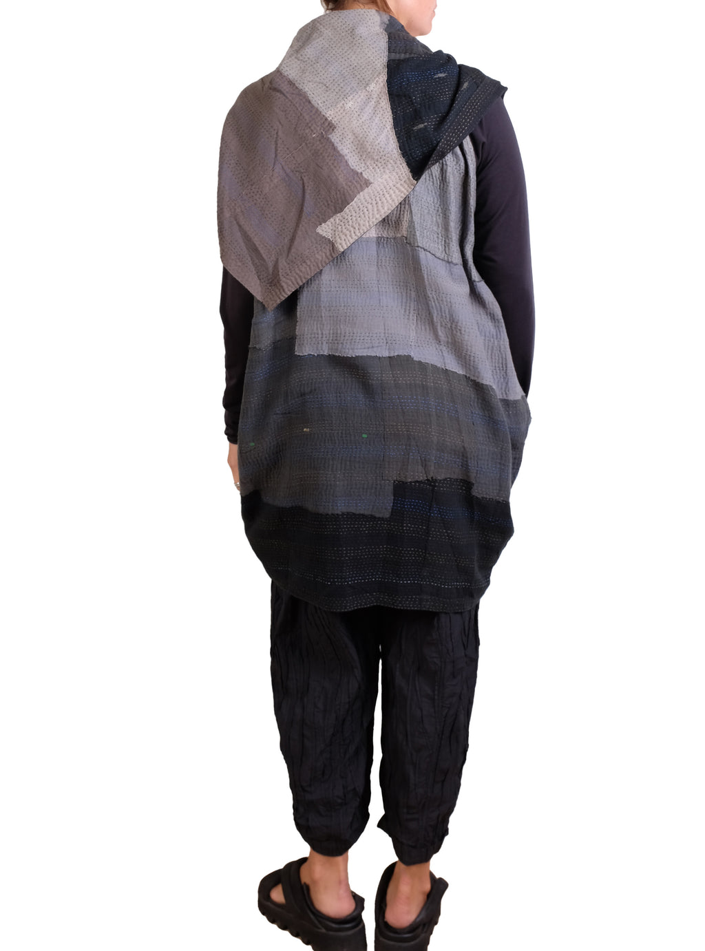 Mieko Mintz Landscape Frayed Patch Kantha Cowl Neck Tunic in Gray