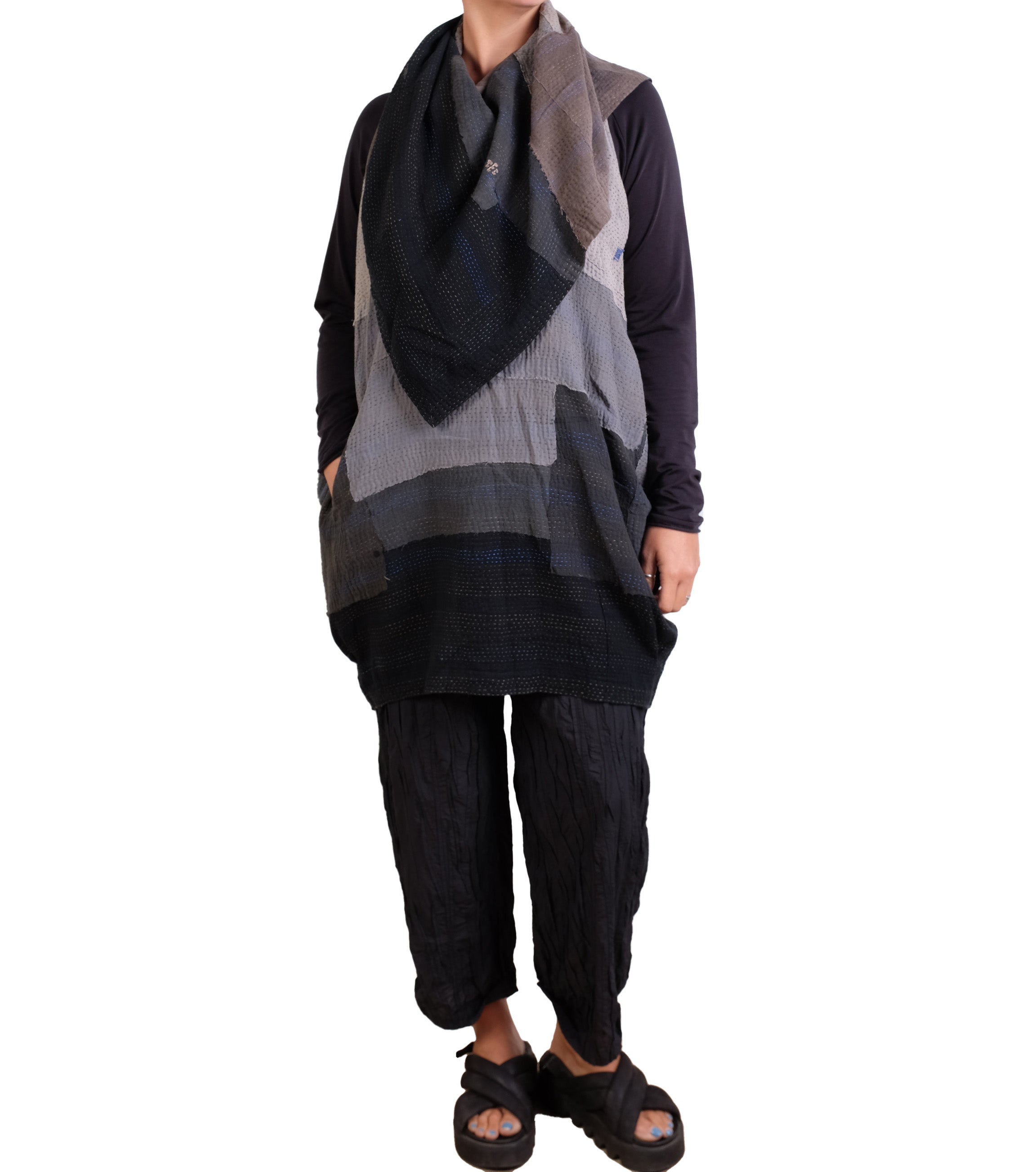 Mieko Mintz Landscape Frayed Patch Kantha Cowl Neck Tunic in Gray