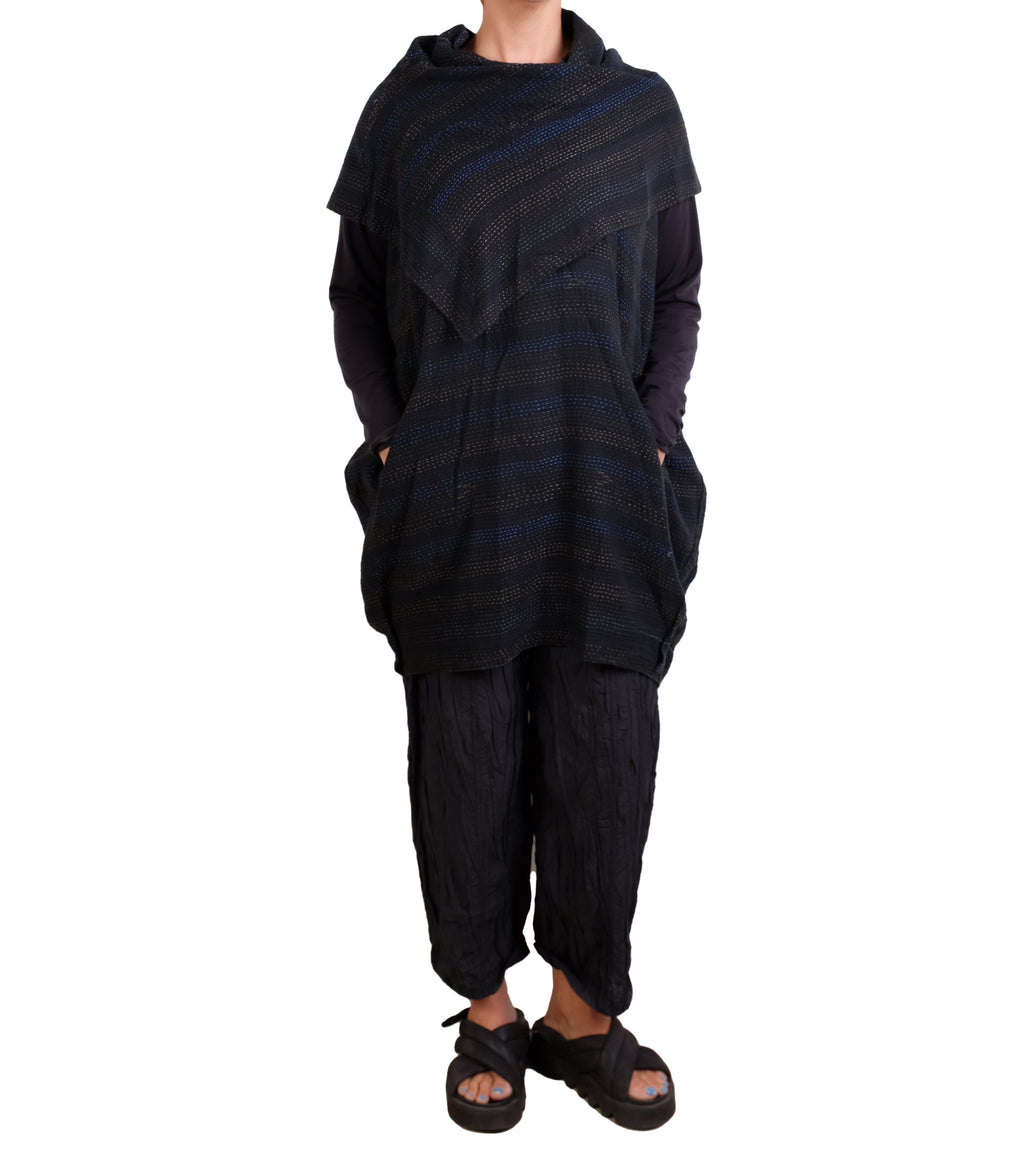 Mieko Mintz Landscape Frayed Patch Kantha Cowl Neck Tunic in Gray