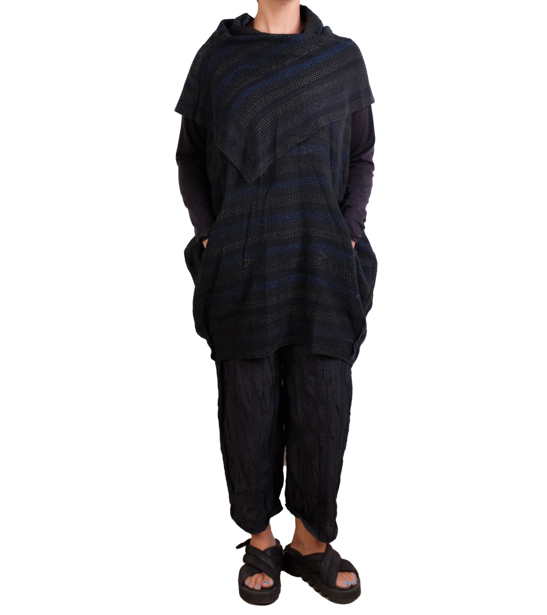 Mieko Mintz Landscape Frayed Patch Kantha Cowl Neck Tunic in Gray