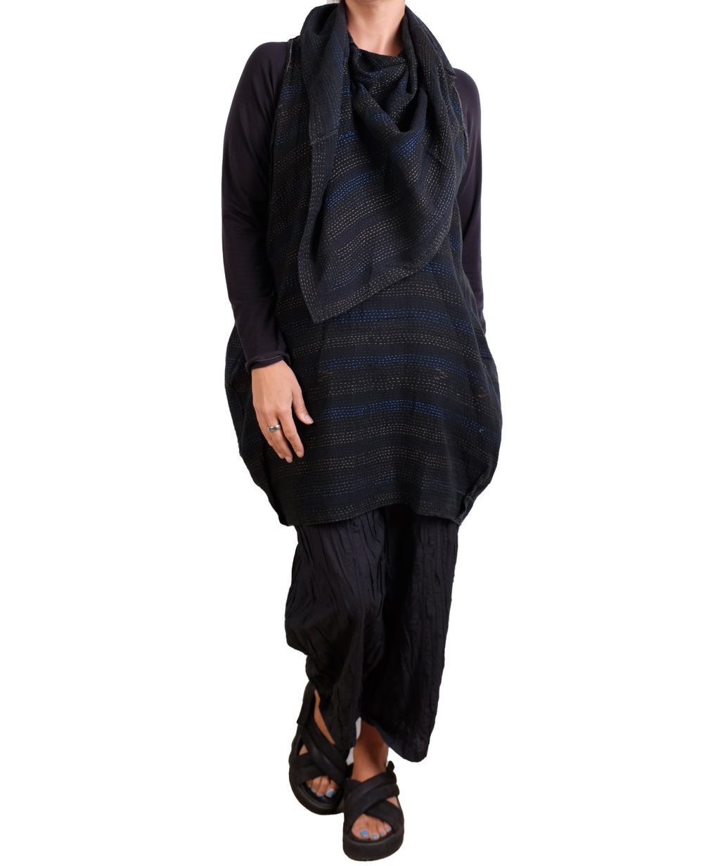 Mieko Mintz Landscape Frayed Patch Kantha Cowl Neck Tunic in Gray