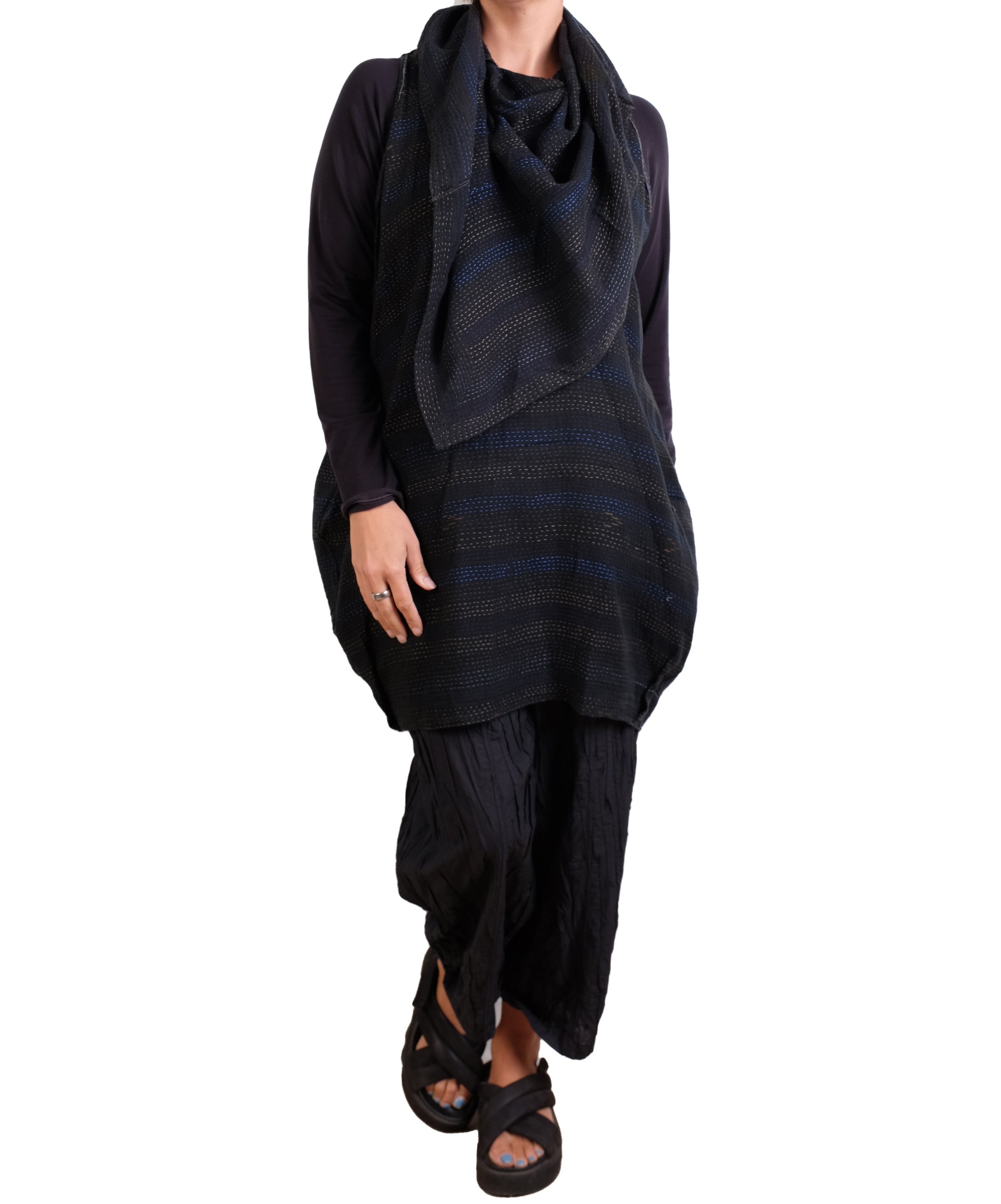 Mieko Mintz Landscape Frayed Patch Kantha Cowl Neck Tunic in Gray