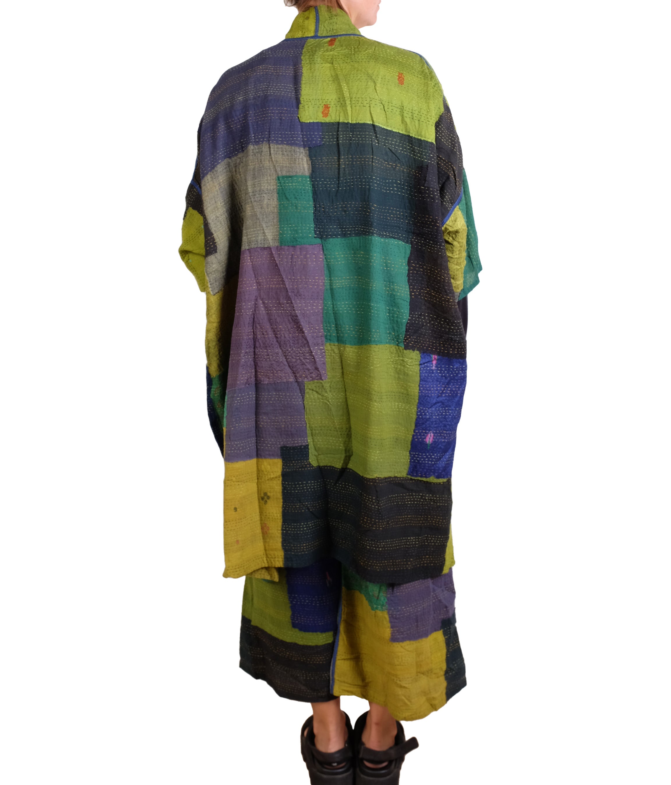 Mieko Mintz Marble Fray Patch Kantha Poncho in Limes and Blues