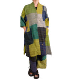 Mieko Mintz Marble Fray Patch Kantha Poncho in Limes and Blues
