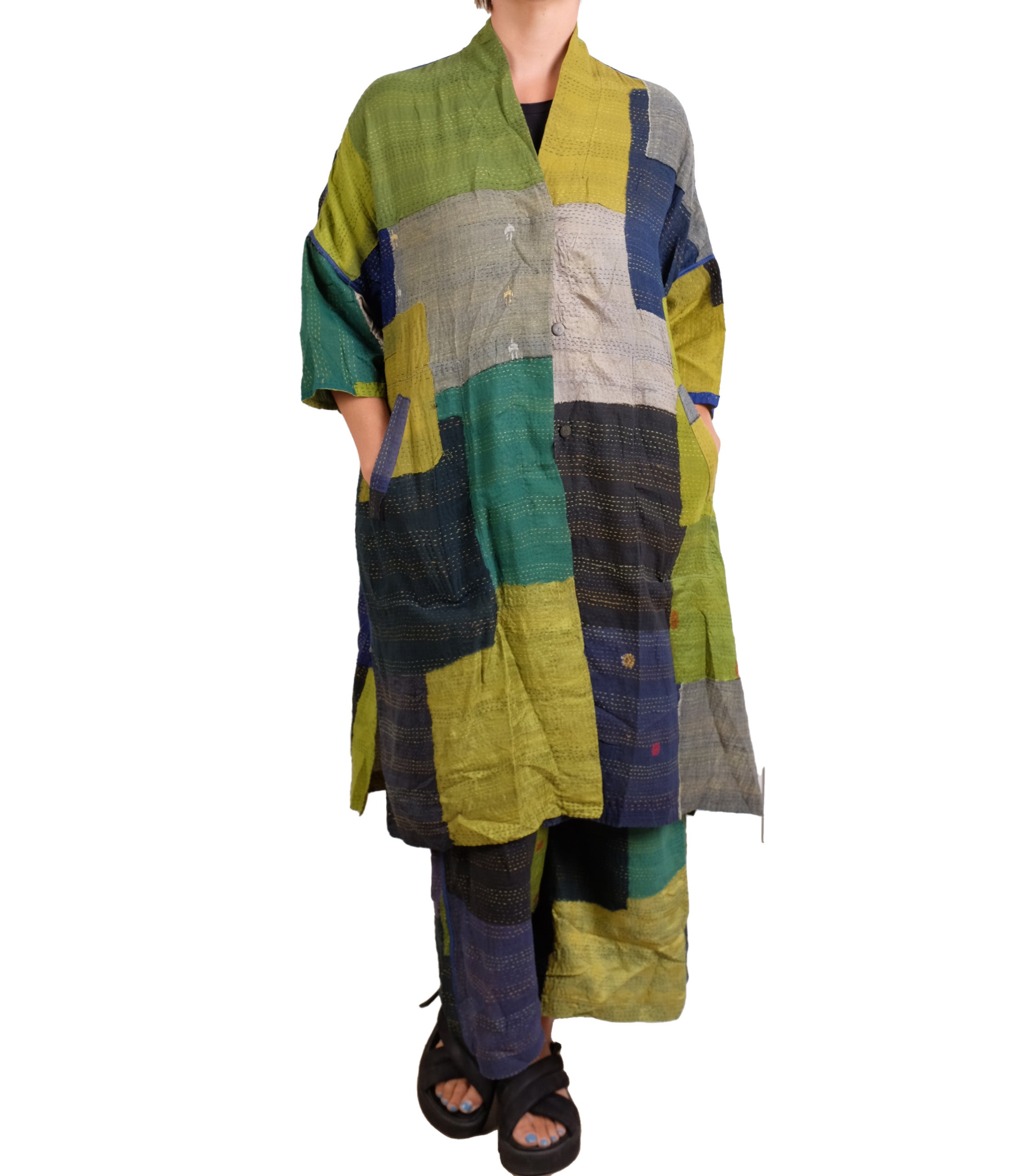 Mieko Mintz Marble Fray Patch Kantha Poncho in Limes and Blues