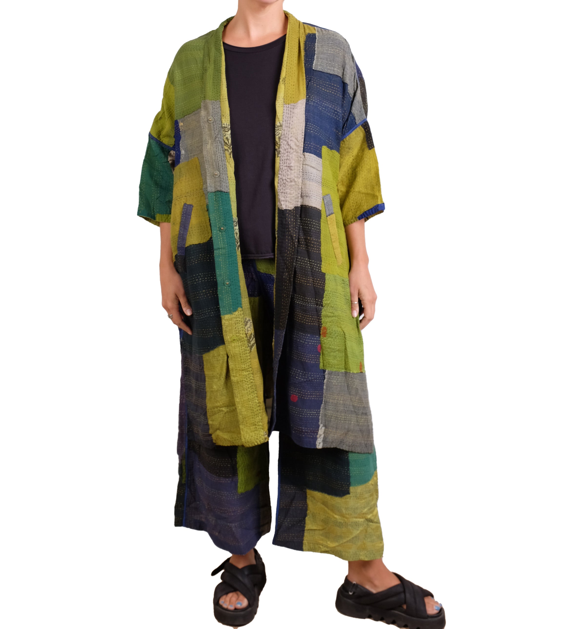 Mieko Mintz Marble Fray Patch Kantha Poncho in Limes and Blues