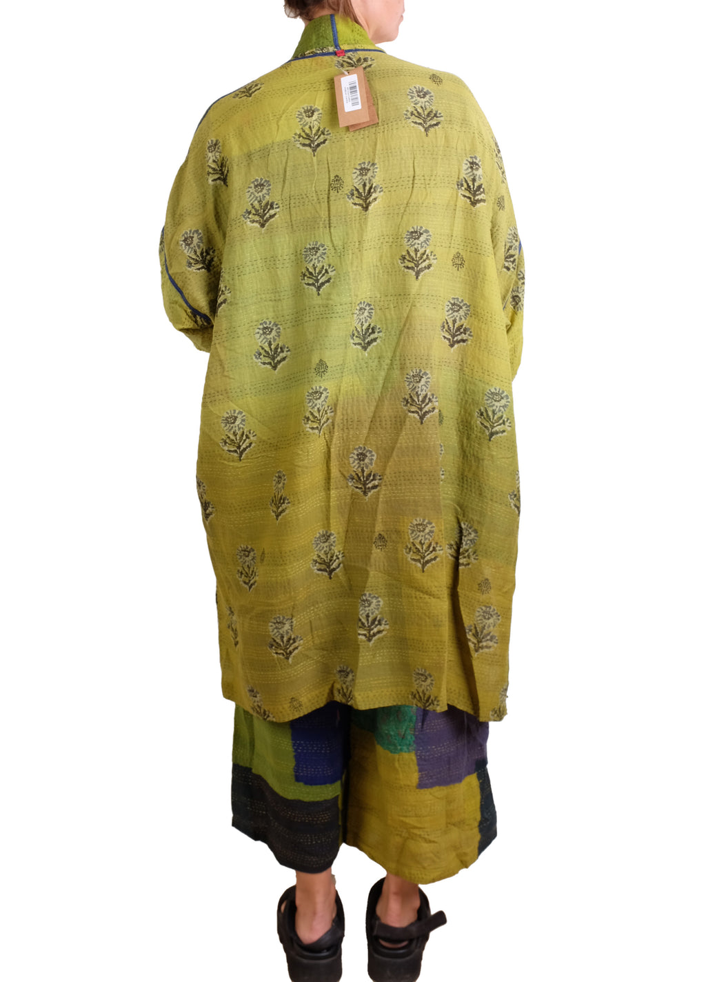 Mieko Mintz Marble Fray Patch Kantha Poncho in Limes and Blues