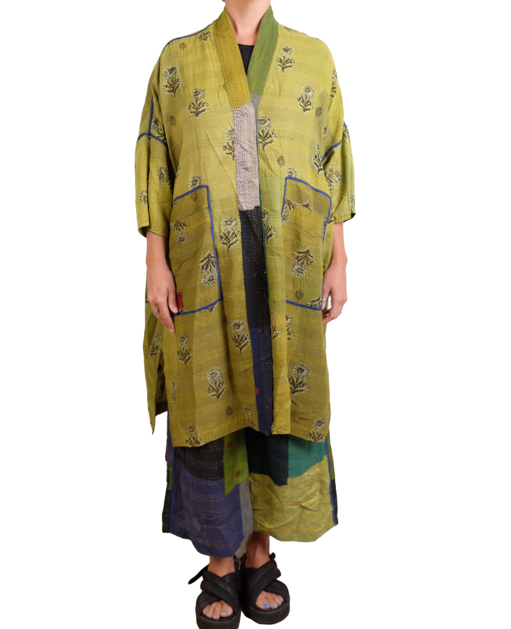 Mieko Mintz Marble Fray Patch Kantha Poncho in Limes and Blues