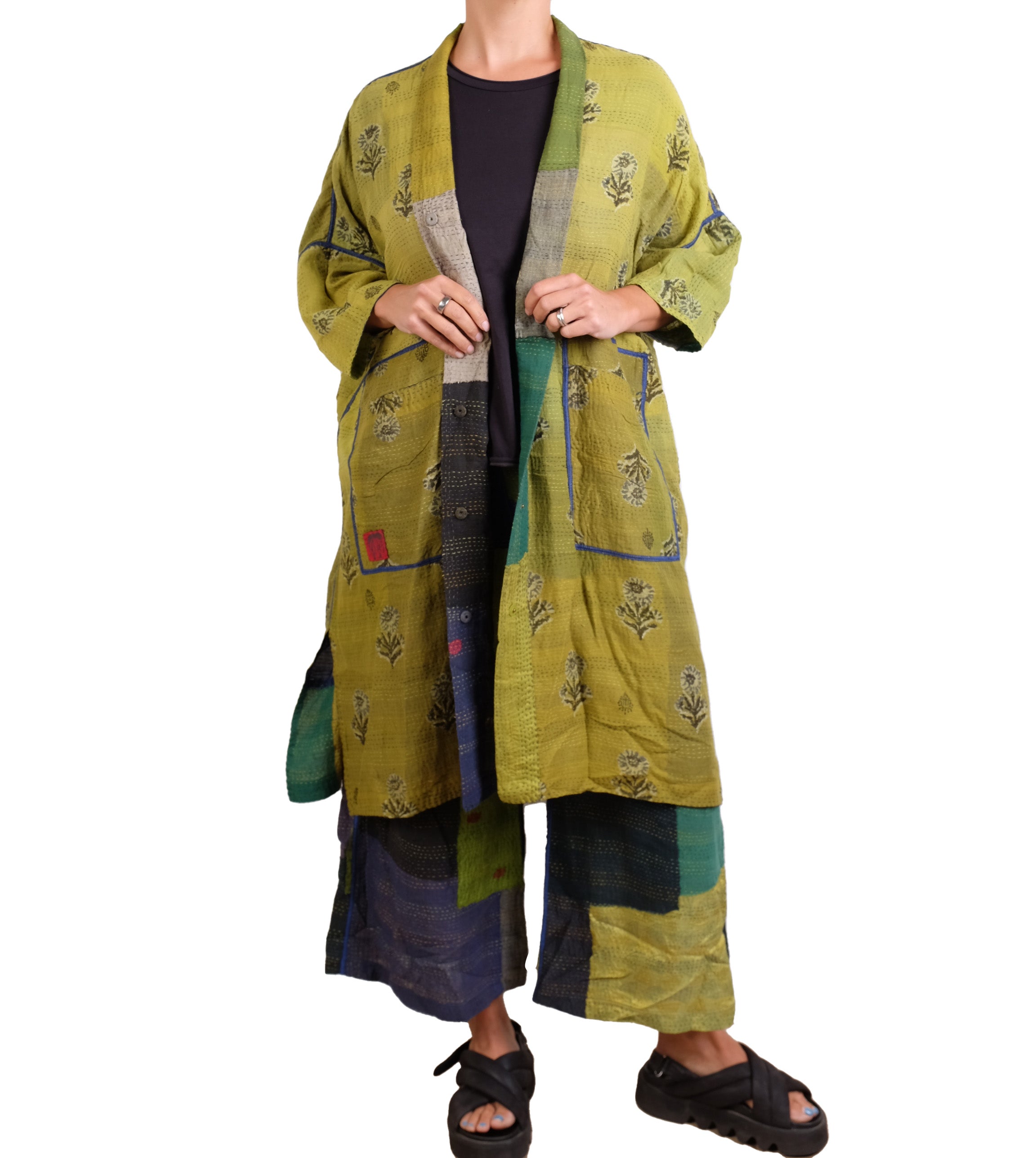Mieko Mintz Marble Fray Patch Kantha Poncho in Limes and Blues