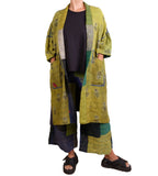Mieko Mintz Marble Fray Patch Kantha Poncho in Limes and Blues