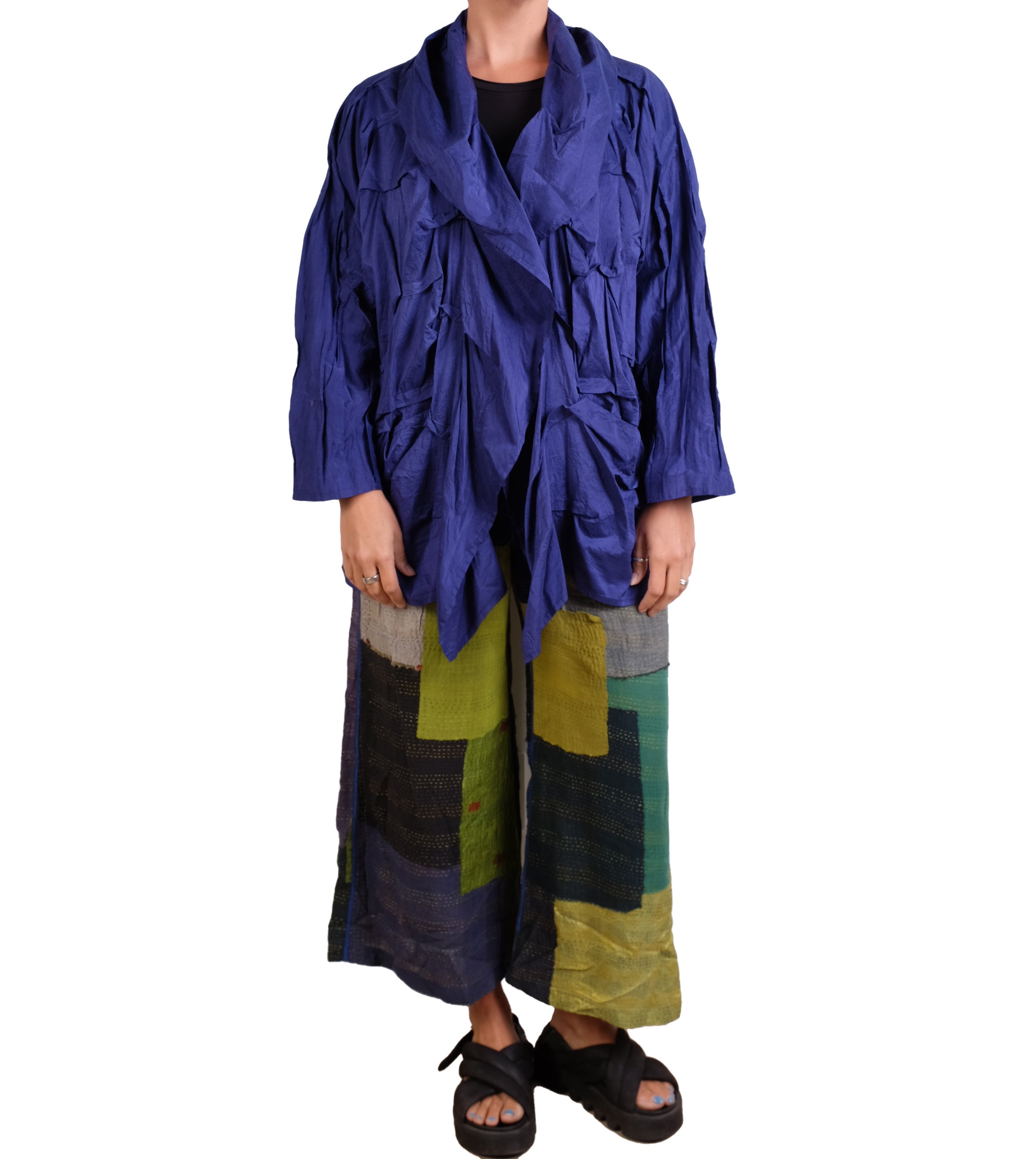 Mieko Mintz Marble Fray Patch Kantha Mid Rise Wide Leg Pants