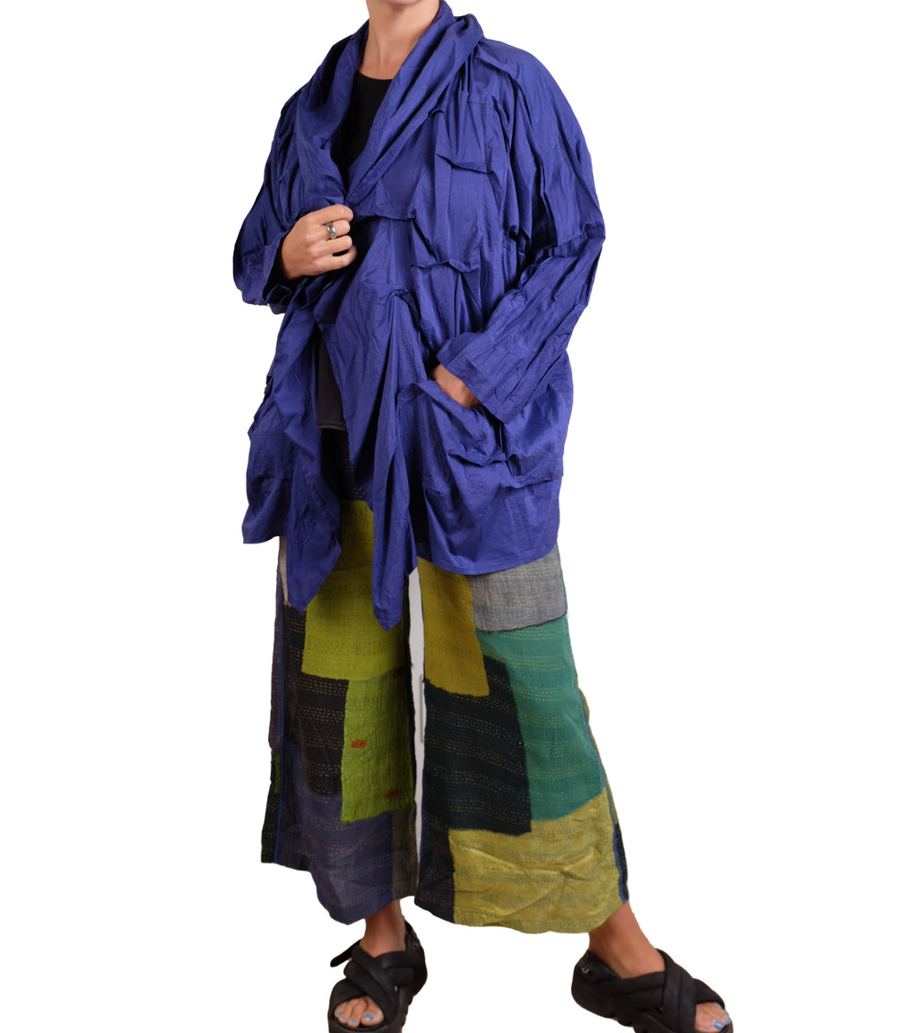 Mieko Mintz Dyed Cotton Silk Heavy Voile Wavy Tuck Cocoon Jacket in Cobalt