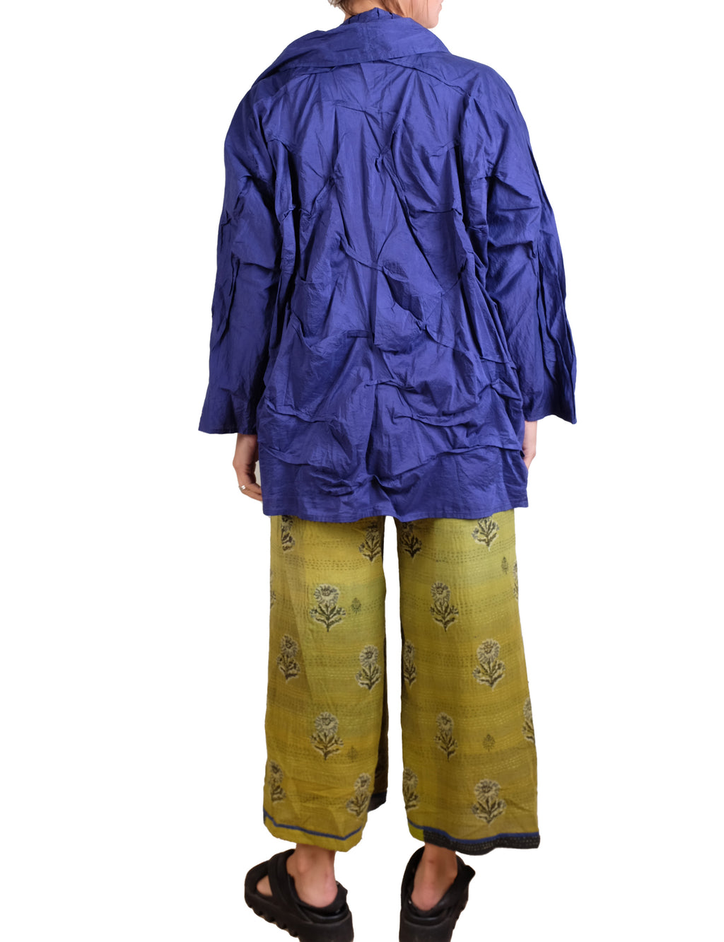 Mieko Mintz Dyed Cotton Silk Heavy Voile Wavy Tuck Cocoon Jacket in Cobalt