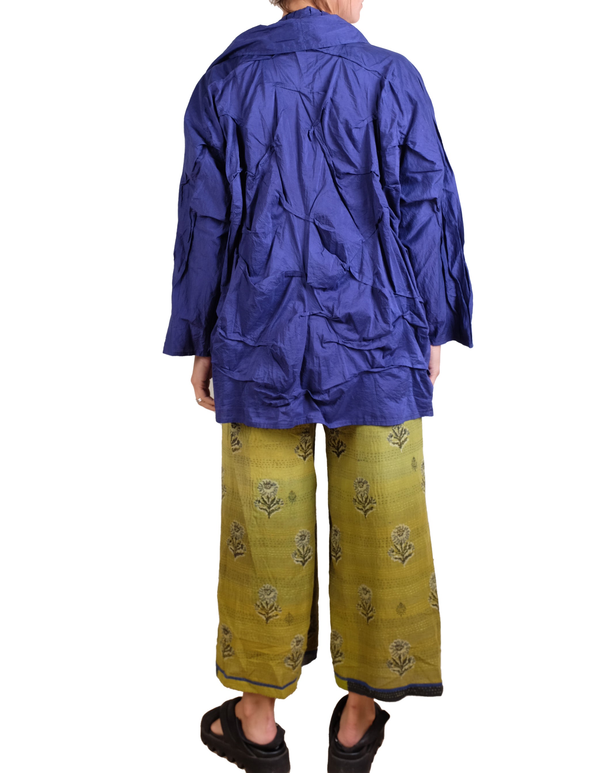 Mieko Mintz Dyed Cotton Silk Heavy Voile Wavy Tuck Cocoon Jacket in Cobalt