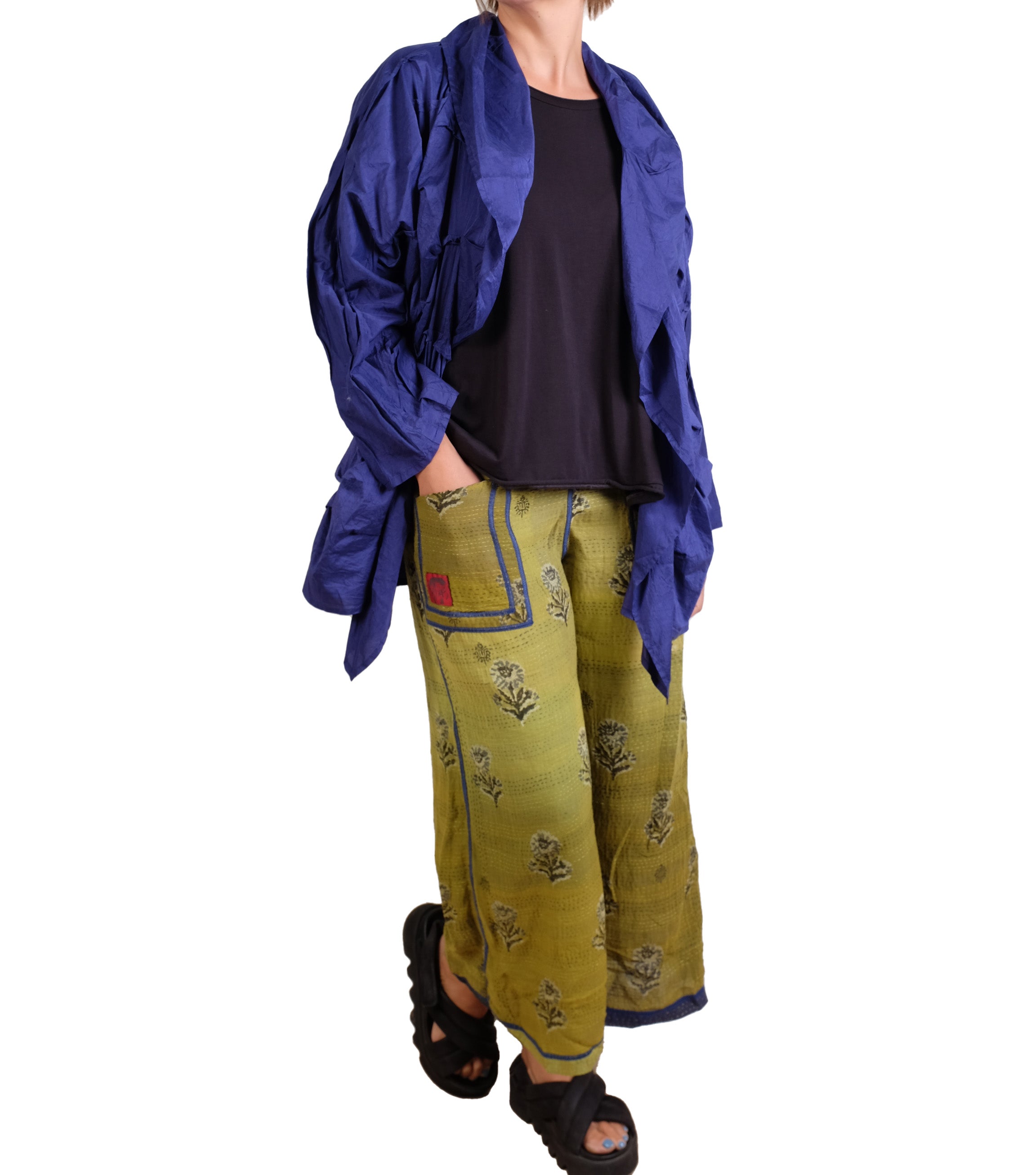 Mieko Mintz Dyed Cotton Silk Heavy Voile Wavy Tuck Cocoon Jacket in Cobalt
