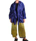 Mieko Mintz Dyed Cotton Silk Heavy Voile Wavy Tuck Cocoon Jacket in Cobalt
