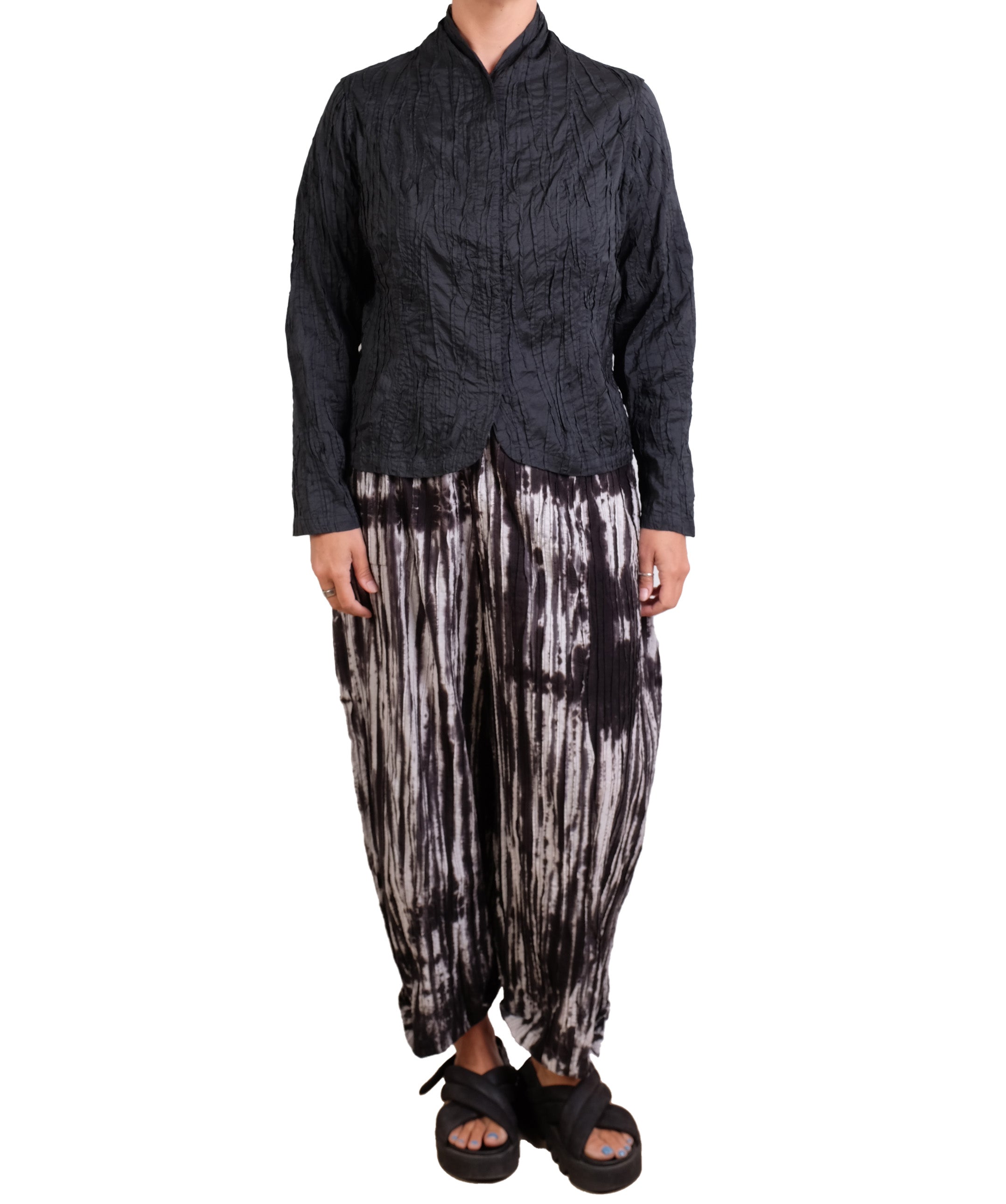 Mieko Mintz Cotton Silk Heavy Voile Random Tuck High-neck Blouse