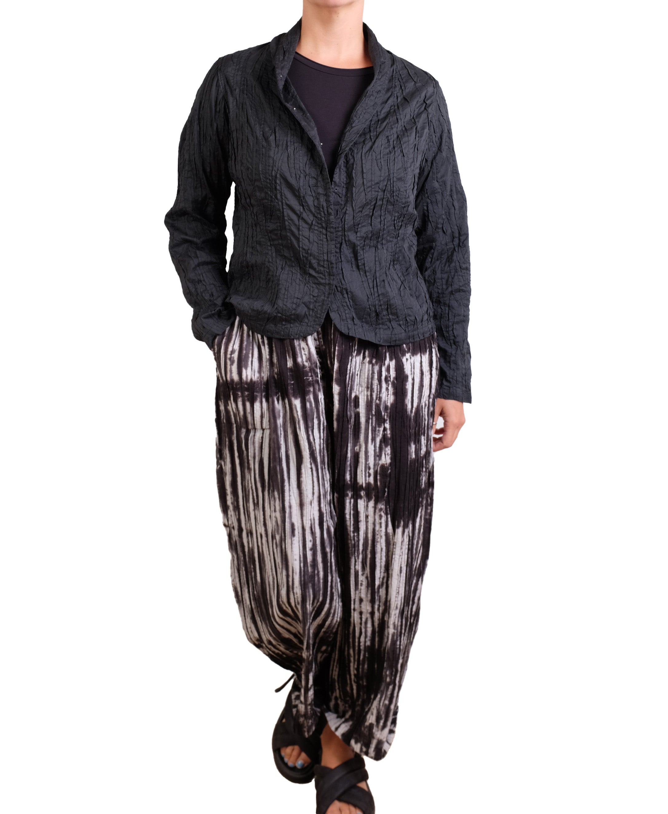 Mieko Mintz Cotton Silk Heavy Voile Random Tuck High-neck Blouse
