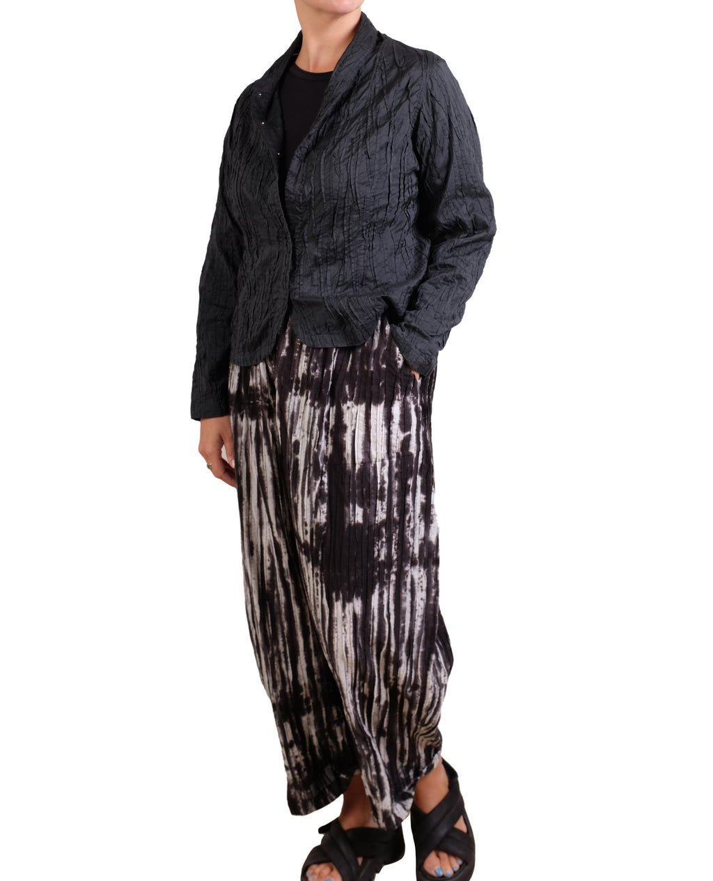 Mieko Mintz Cotton Silk Heavy Voile Random Tuck High-neck Blouse