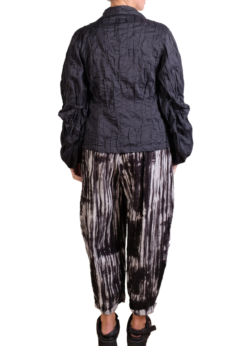 Mieko Mintz Black Cotton Silk Heavy Voile Random Tuck Puff Sleeve Jacket
