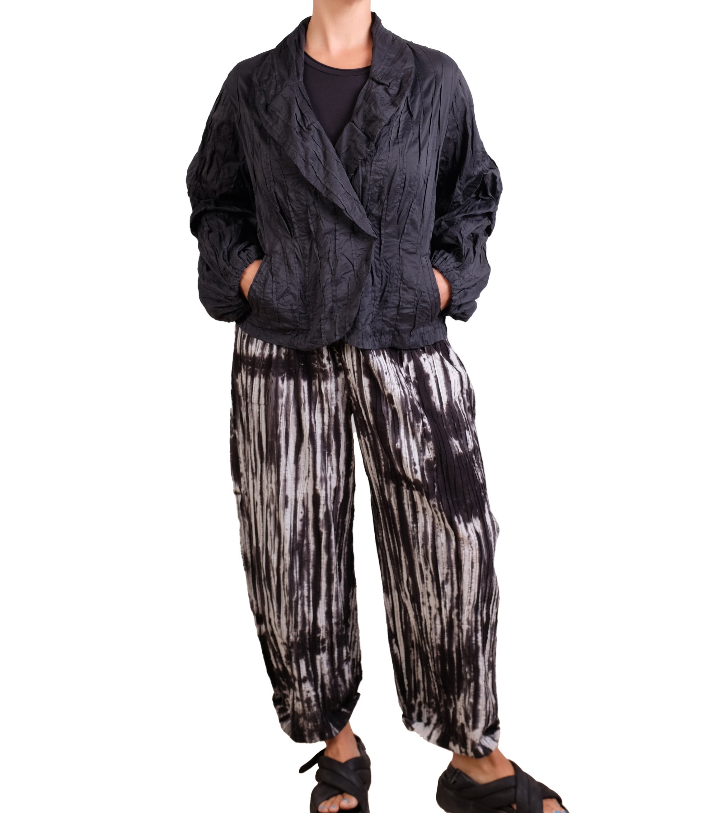 Mieko Mintz Black Cotton Silk Heavy Voile Random Tuck Puff Sleeve Jacket