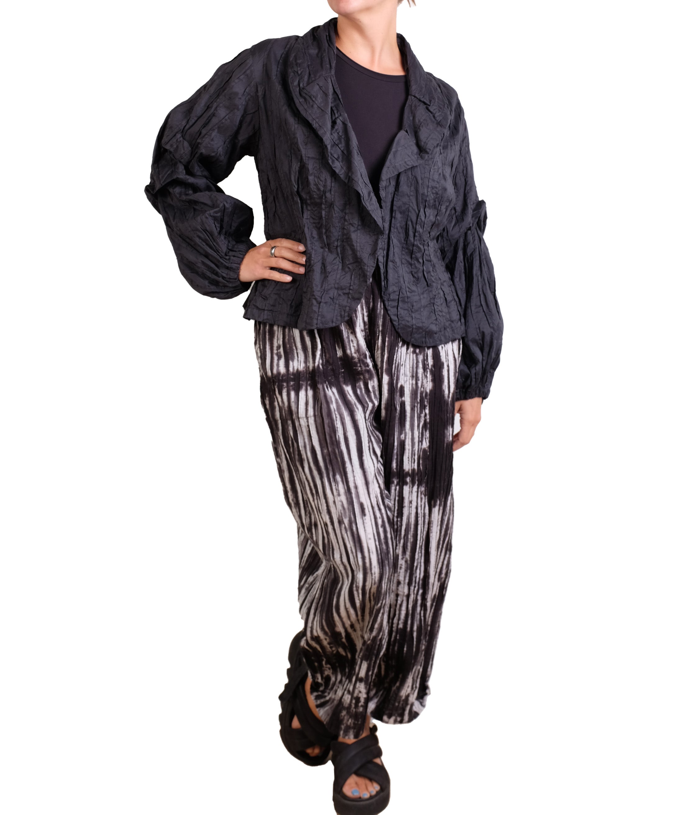 Mieko Mintz Black Cotton Silk Heavy Voile Random Tuck Puff Sleeve Jacket