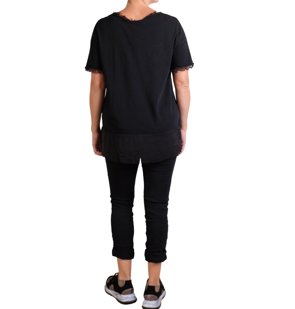 Sanctamuerte Black Tee with Silk Hem