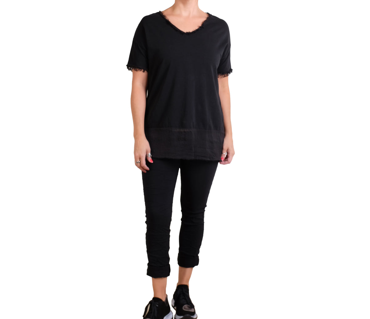 Sanctamuerte Black Tee with Silk Hem