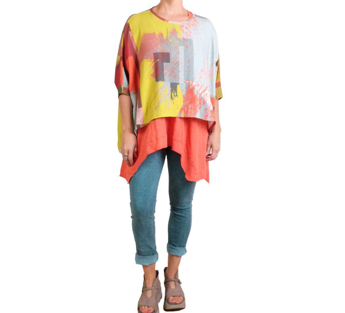 Andrea Geer Oversized Poncho in Lime, Orange, Seafoam