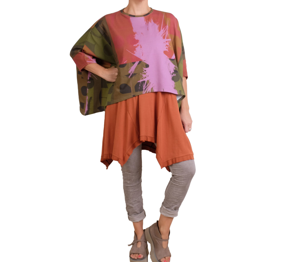 Andrea Geer Oversized Poncho in Olive, Pink, Orange